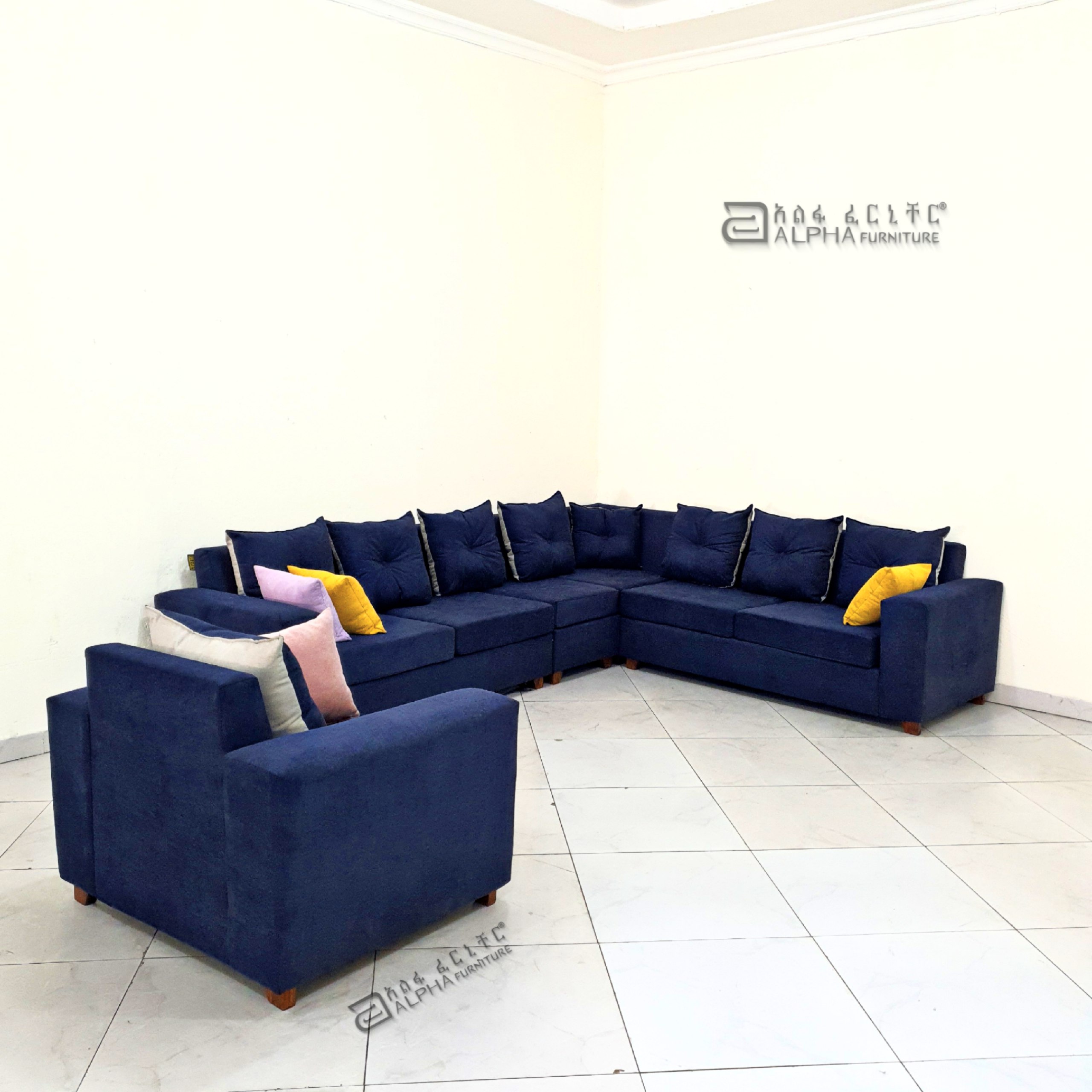 Navy L-Shaped Sectional with Armchair